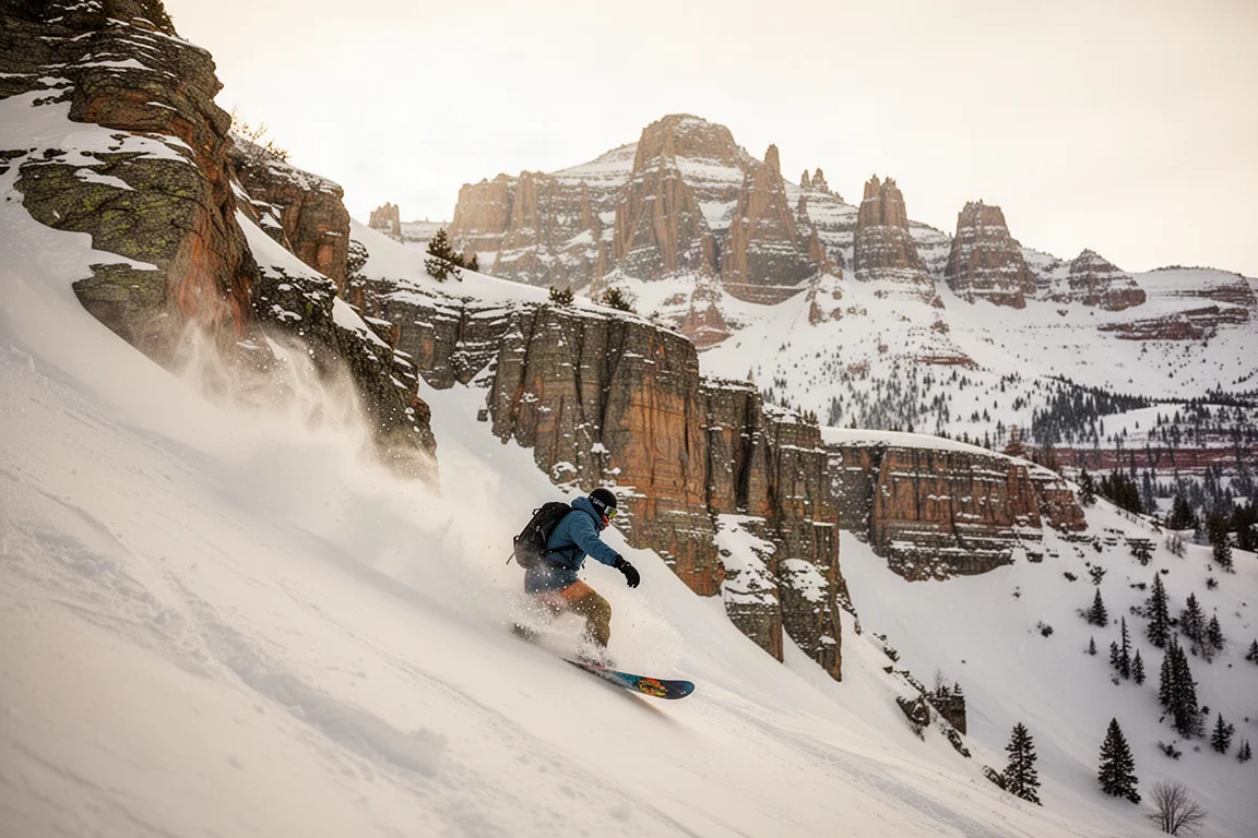 Snowboarder auf steilem alpinem Gelände mit Rinnen und Felswänden in Utah
