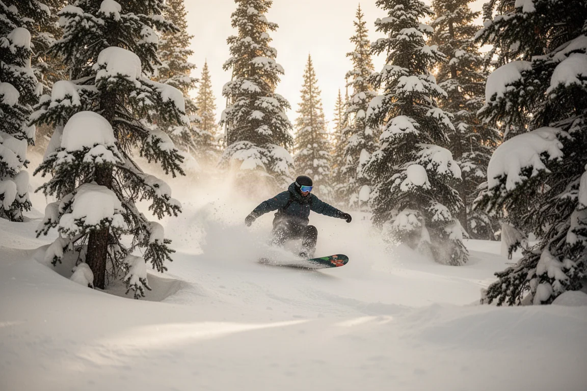 Snowboarder schlängelt sich durch powdergefüllte Baumabfahrten in New Mexico