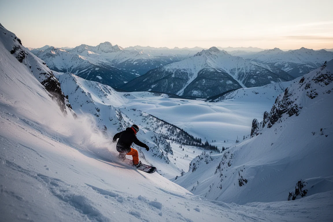 Snowboarder in einer steilen Powder-Rinne in abgelegenem Hochgebirgsterrain