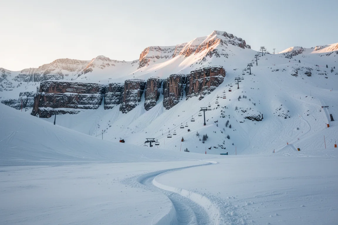 Schneebedeckte alpine Resortgipfel mit Sessellift und unberührtem Powder