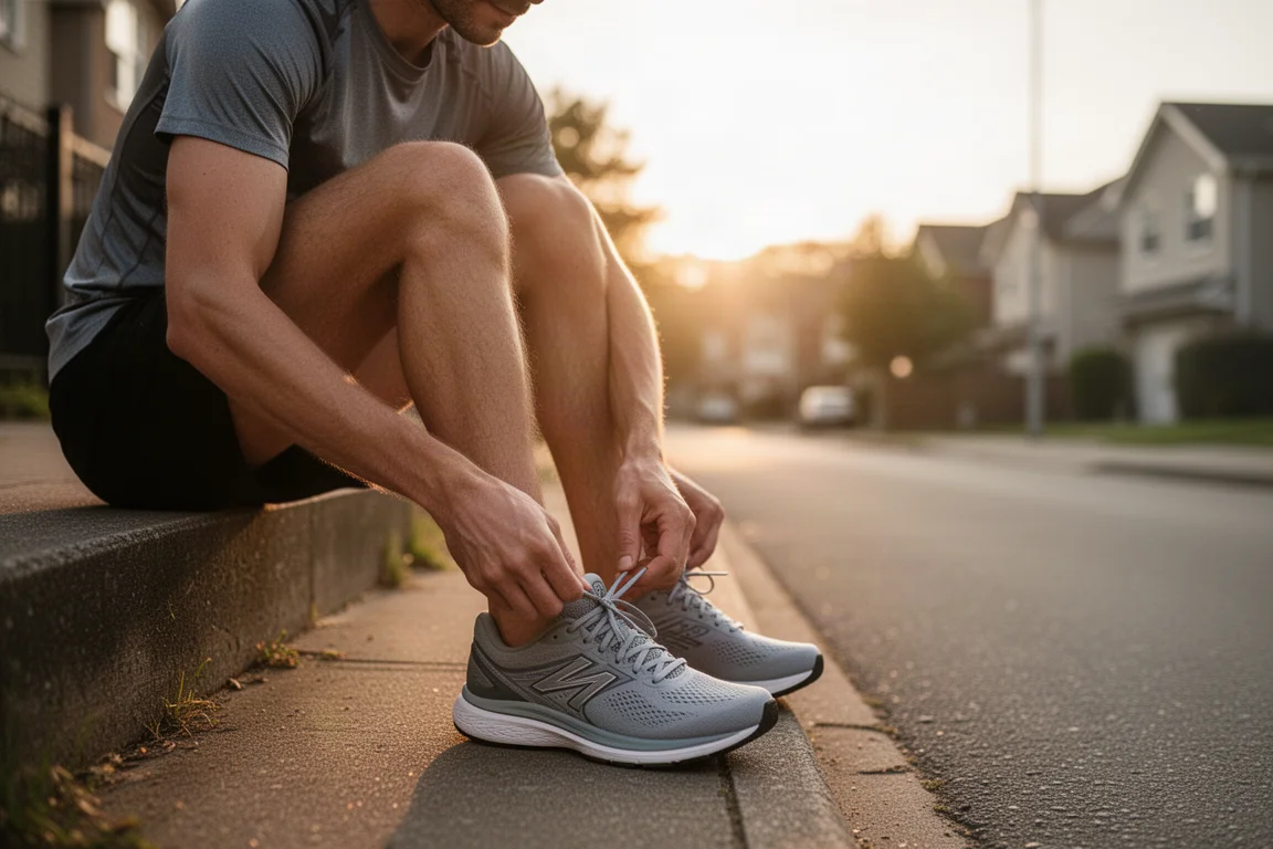 Runner lacing up a pair of daily trainers on a doorstep at sunrise