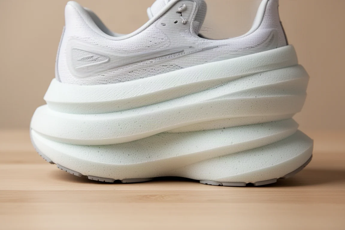 High-stack soft trainer midsole flexed slightly to show foam thickness