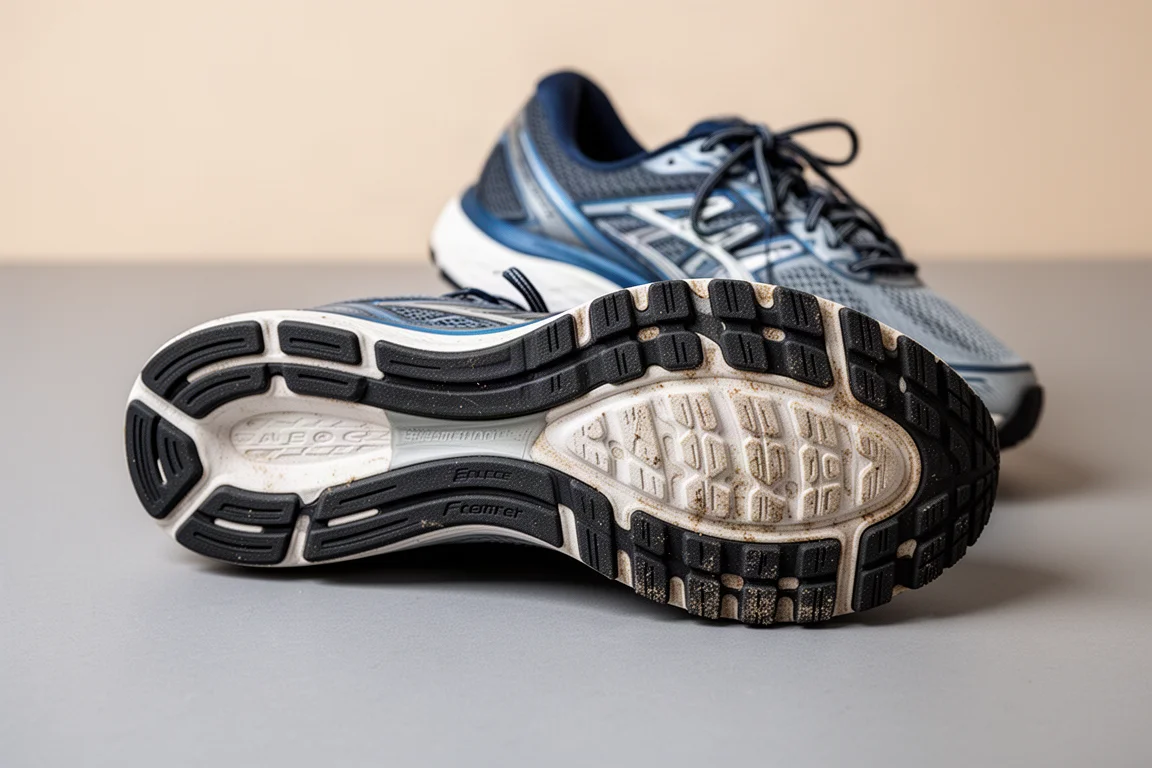 Worn trainer outsole showing intact tread after high mileage