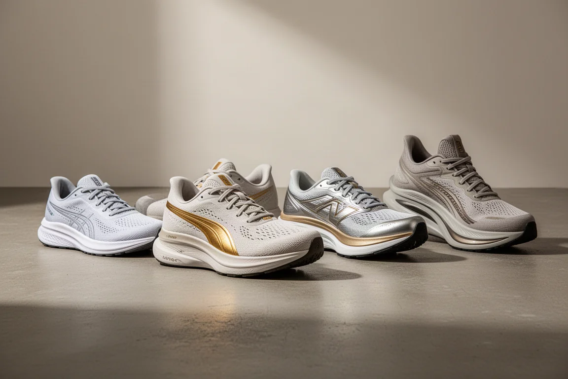 Fünf Laufschuhe in einer Reihe auf einem mattierten Betonboden angeordnet