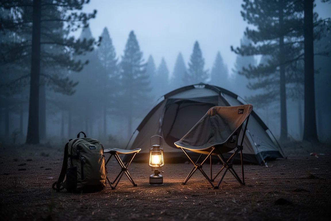 Campamento al atardecer junto a un lago alpino con una silla de campamento frente al agua