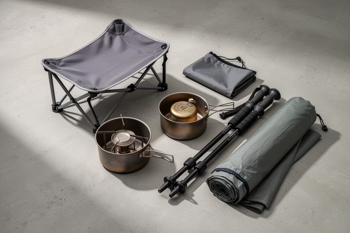 Flat-lay of backpacking camp gear including a camp chair, titanium pot, stove, and trekking poles