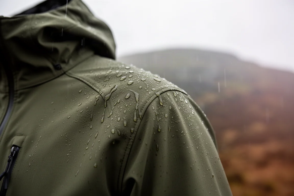 雨水在橄欖色軟殼外套的肩部形成水珠並滑落