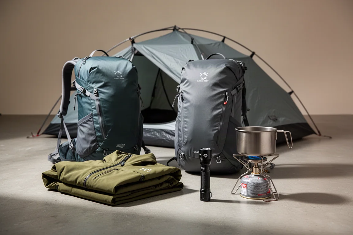Attrezzatura da campeggio disposta con una tenda piccola, uno zaino, una giacca, una torcia e un fornello
