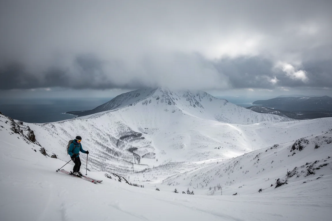 Skifahrer blickt über eine stürmische Küsten-Schüssel mit dichten Wolken