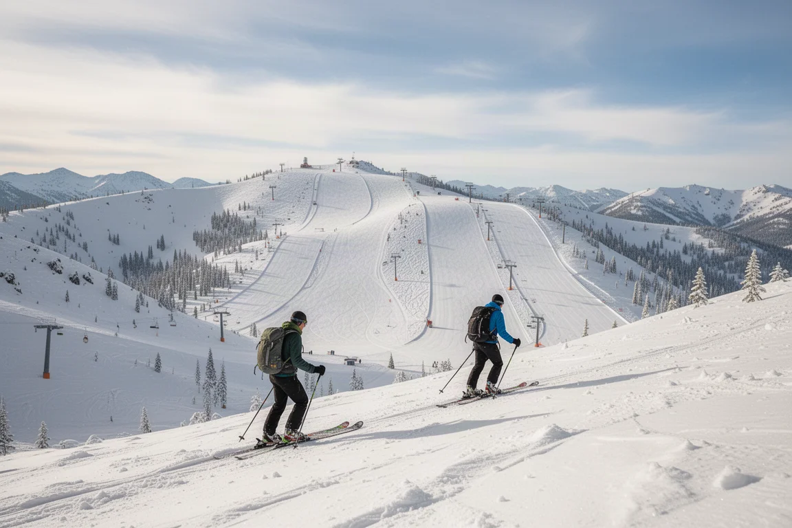 Skifahrer wandert über einen Grat oberhalb präparierter Pisten