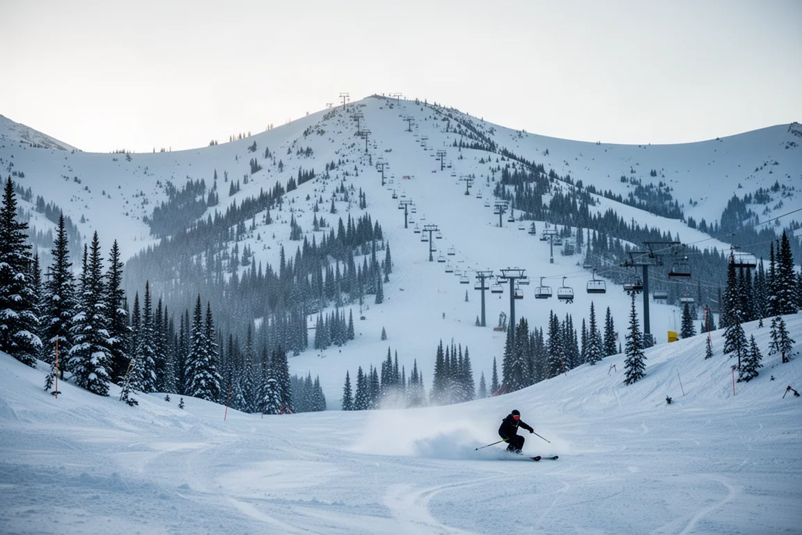 Wide alpine ski bowl with chairlifts and a lone skier under soft morning light