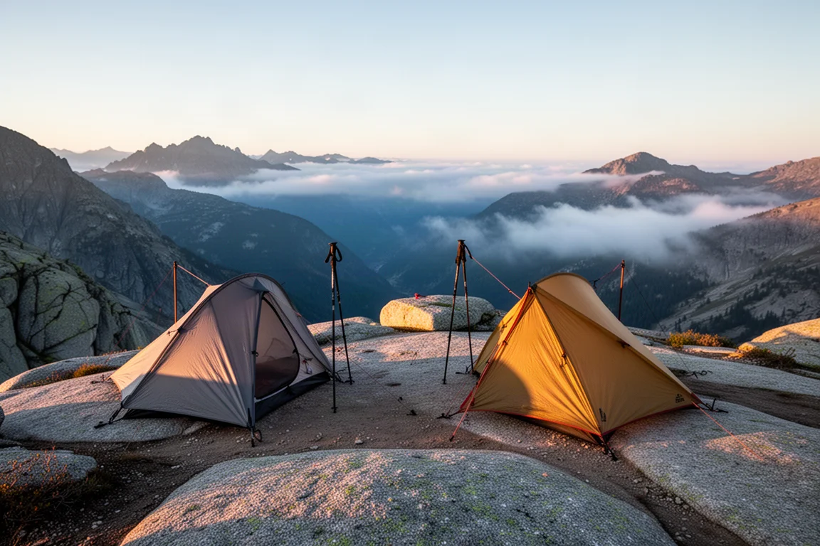 Due ripari ultralight con bastoncini da trekking piantati su una cresta di granito all'alba con la nebbia sotto