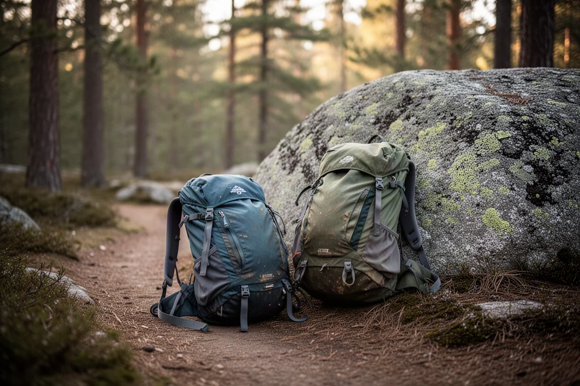 Zaino ultralight appoggiato a un masso di granito accanto a uno stretto sentiero nel bosco