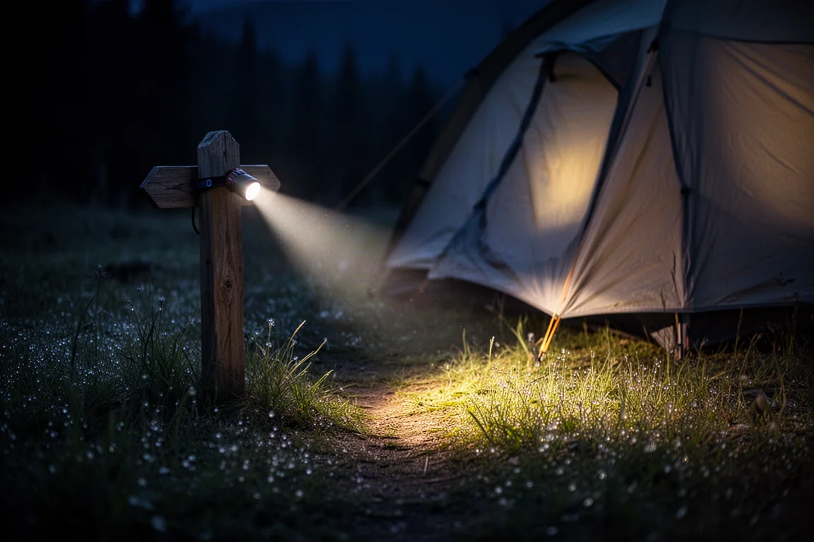 Fascio della frontale che spazza un segnavia in un campeggio di backcountry al buio