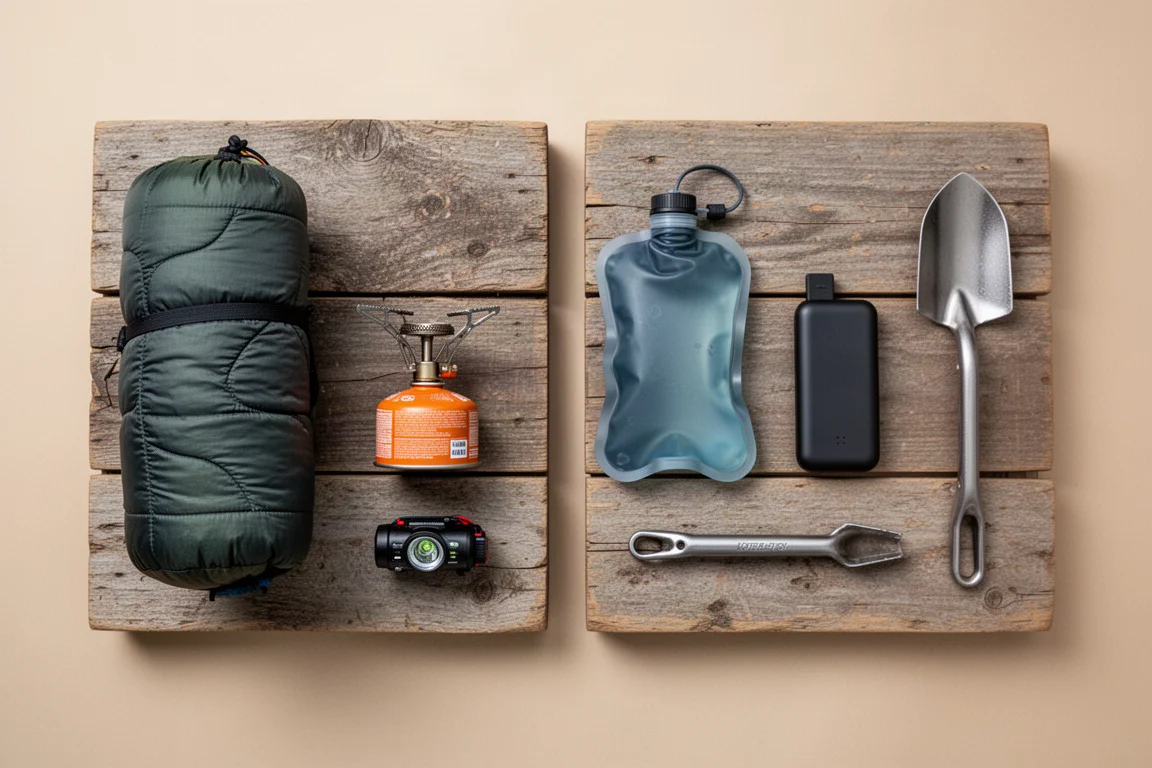 Flat-lay dall'alto degli essenziali da backpacking ultralight su assi di legno consumate