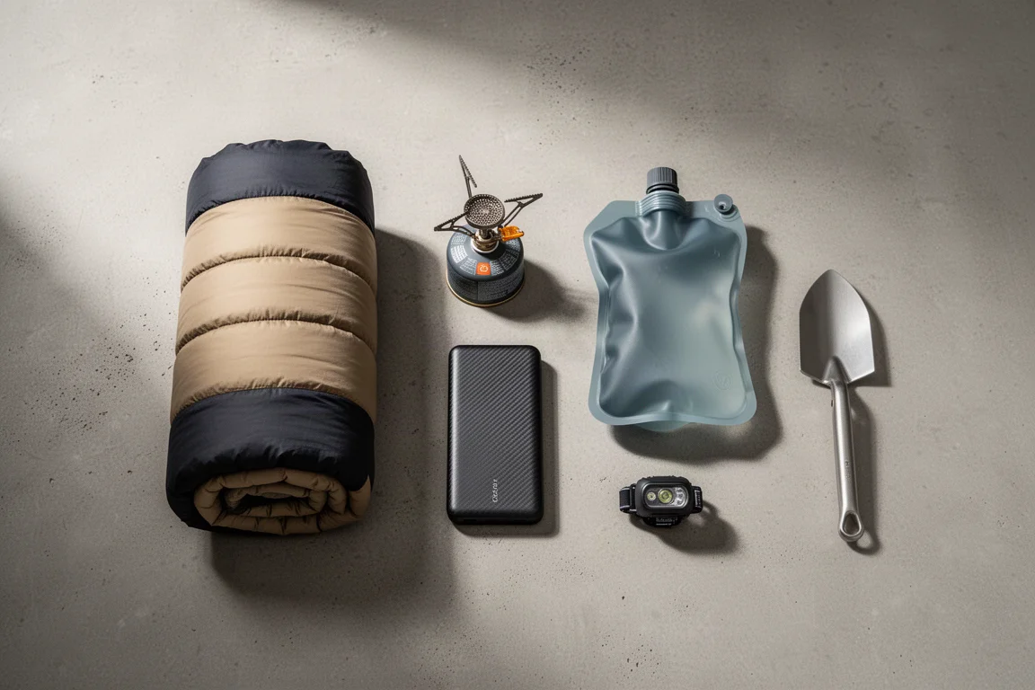 Disposizione dall'alto di attrezzatura da backpacking ultralight su una superficie in cemento opaco