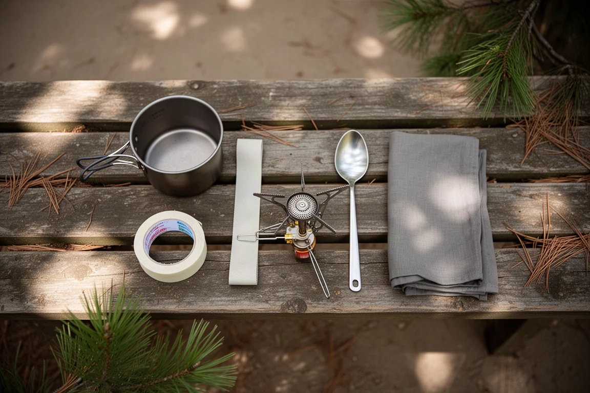 Overhead flat-lay of ultralight backpacking gear on a weathered wooden picnic table