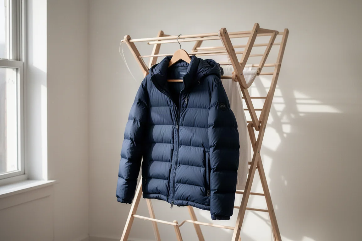 Dark blue down jacket hanging on a wooden drying rack in a bright room
