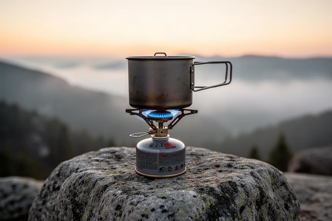 Small canister stove burning under a titanium pot on granite at dawn