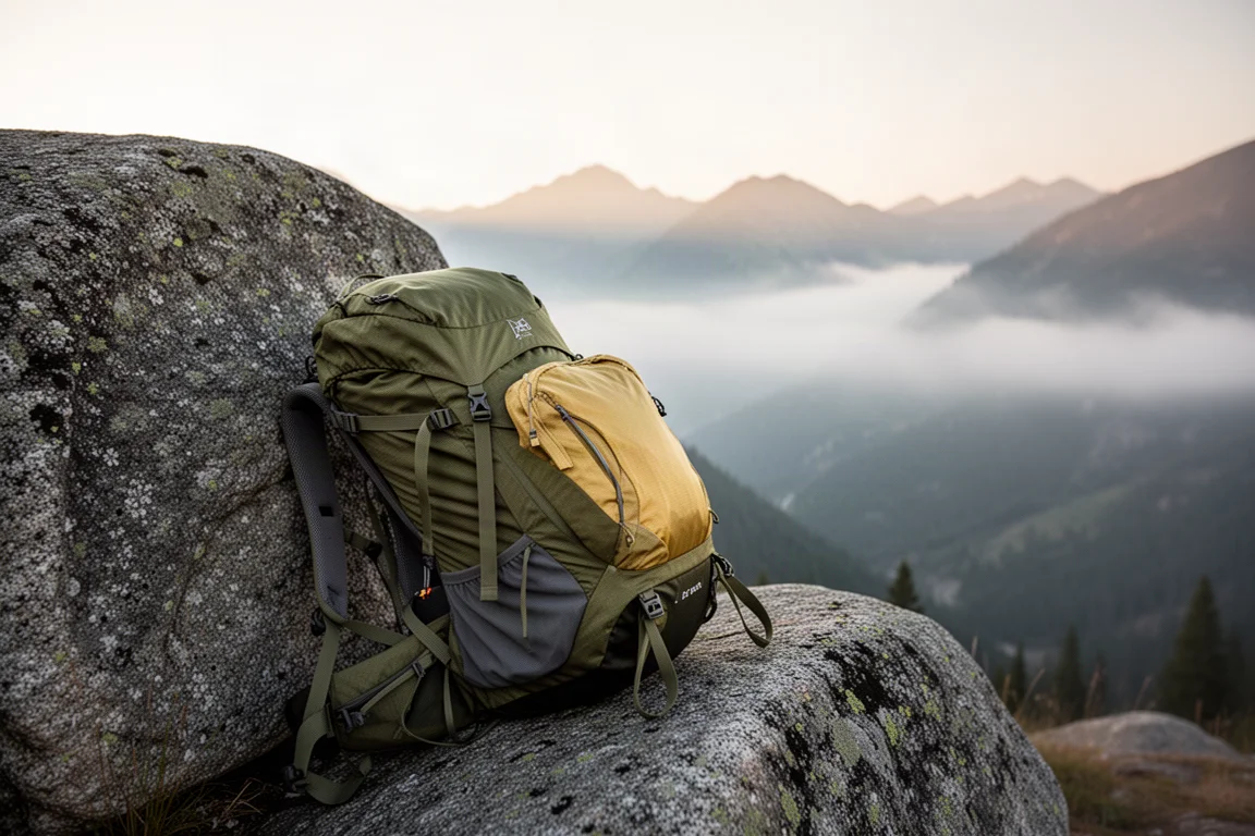 Loaded ultralight backpack leaning on a granite boulder above a misty valley