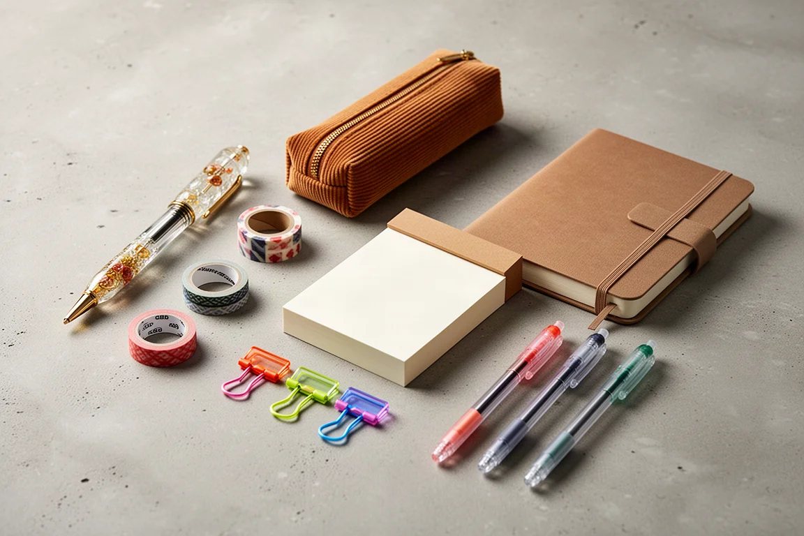 Flach liegende beliebte japanische Stationery-Artikel auf einer Betonoberfläche