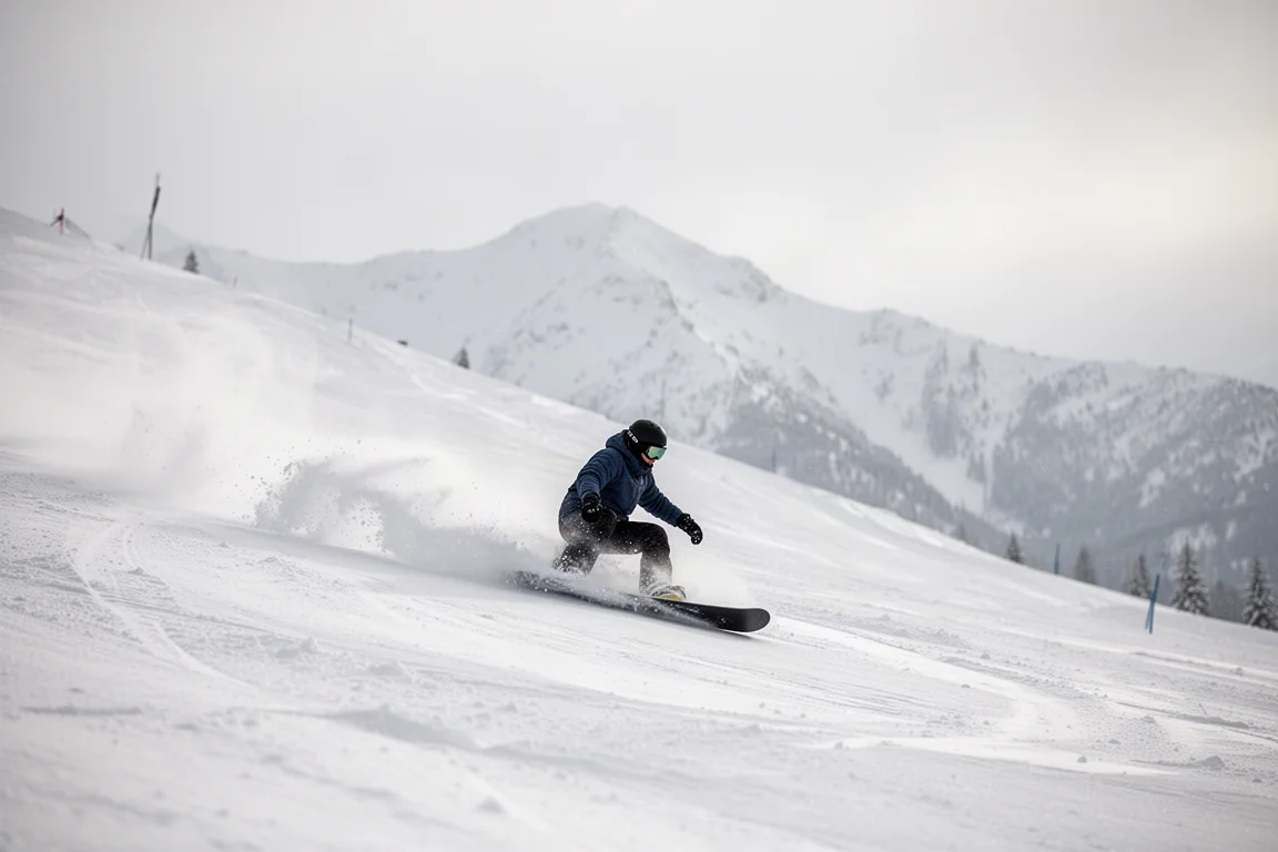 Rider che intaglia curve nella neve fresca su una snowboard corta e larga
