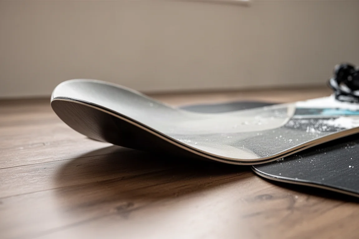 Primo piano del contorno 3D a cucchiaio del nose di una snowboard da neve fresca