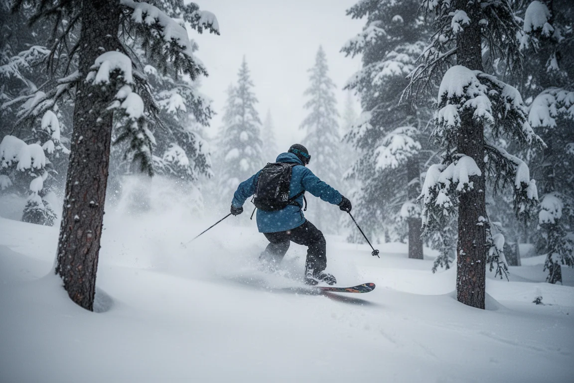 Snowboarder che svolta rapidamente tra gli alberi nella neve fresca