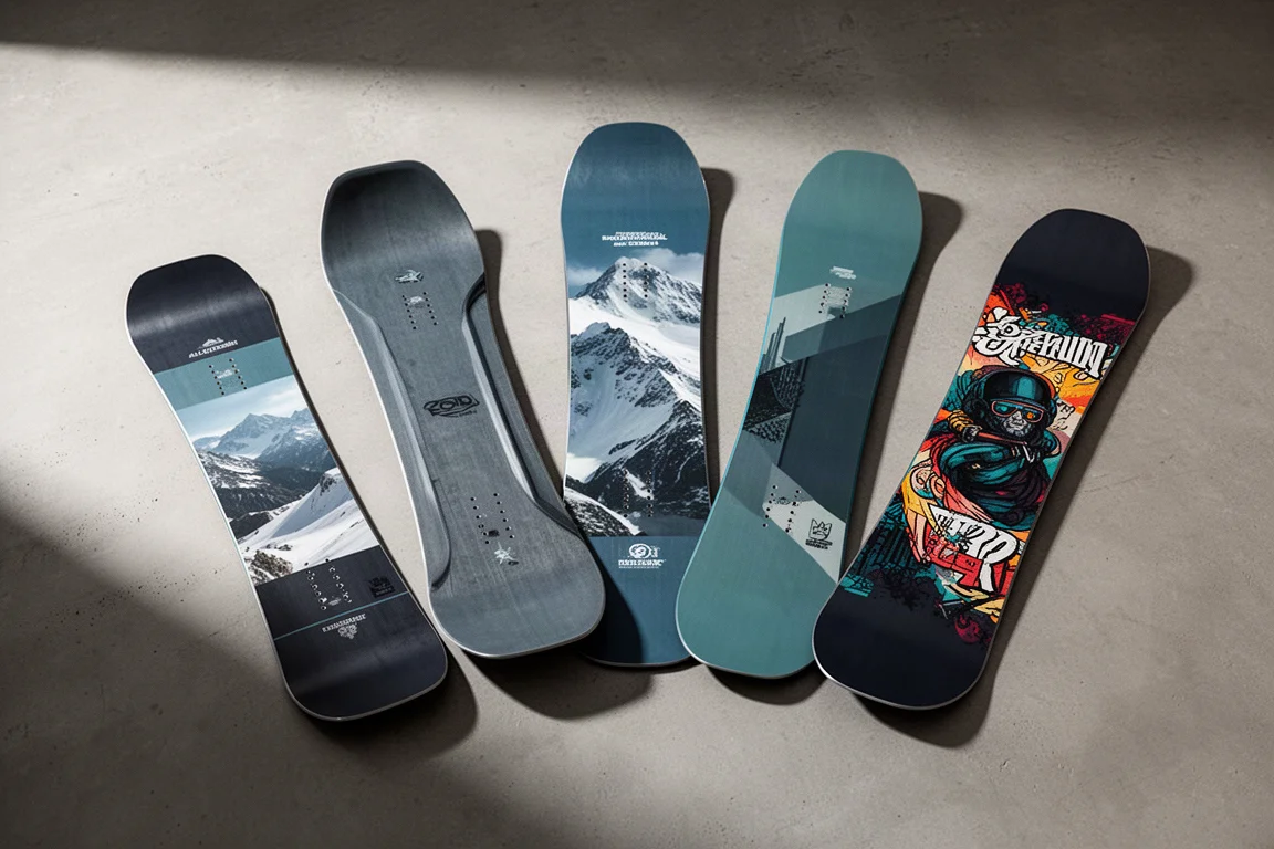 Five popular snowboards fanned out on a concrete surface in soft daylight