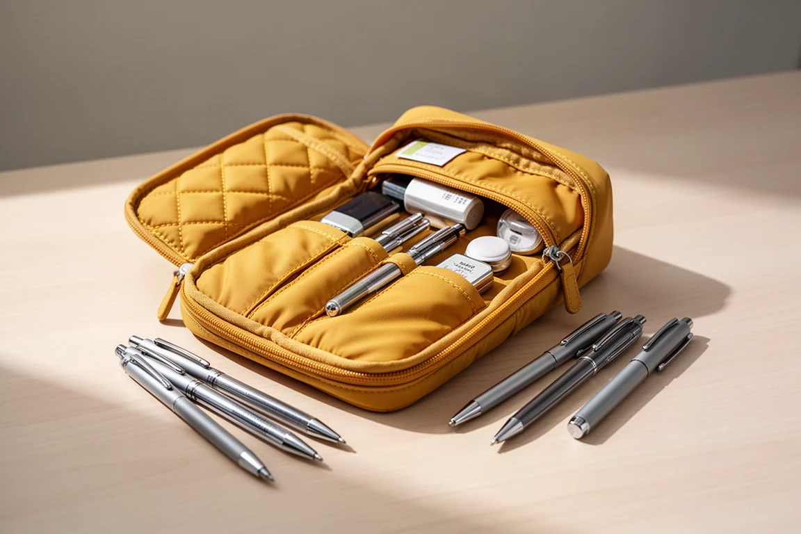 Bolsa compacta de tela para transportar con bolígrafos y accesorios colocados a su lado