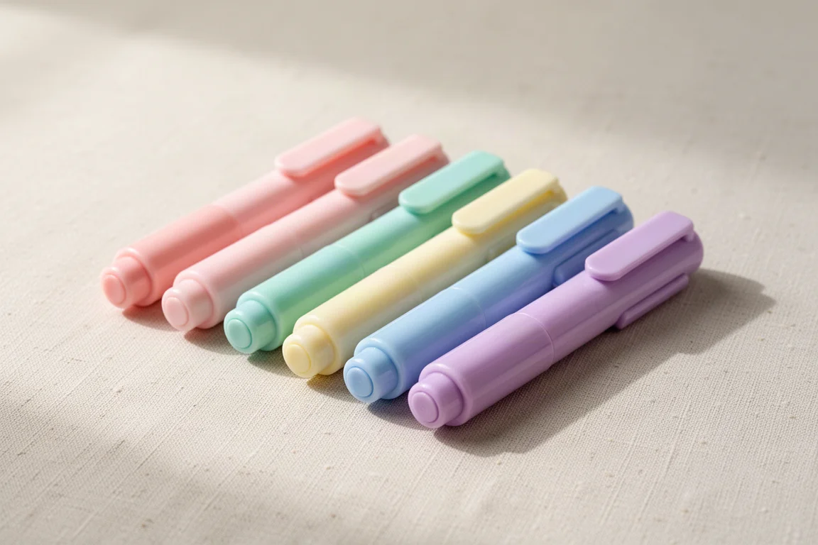 Bolígrafos de gel gruesos en tonos pastel alineados en fila sobre una superficie clara