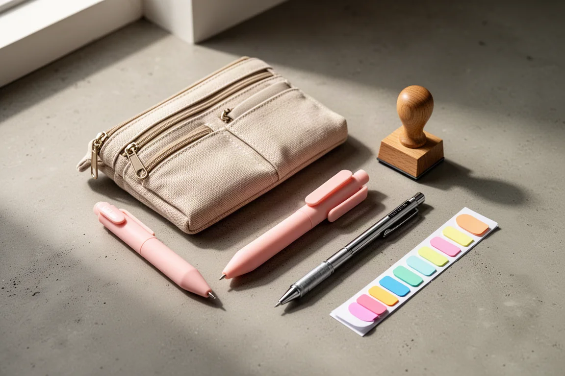 Flat-lay of popular stationery items including a pouch, gel pen, stamp, pencil, and index tabs