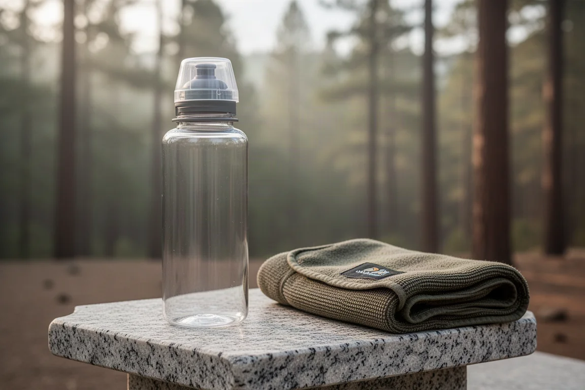 Botella de agua con una tapa de bidé compacta sobre granito junto a una toalla de campamento doblada