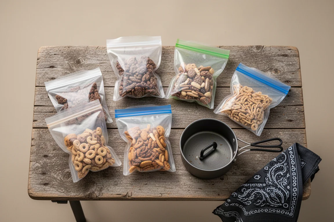 Vista superior de bolsas de comida resellables con snacks de senderismo sobre una mesa de campamento de madera