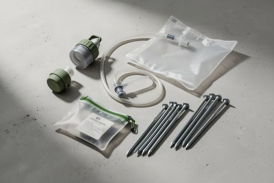 Ultralight backpacking essentials arranged on a pale concrete surface