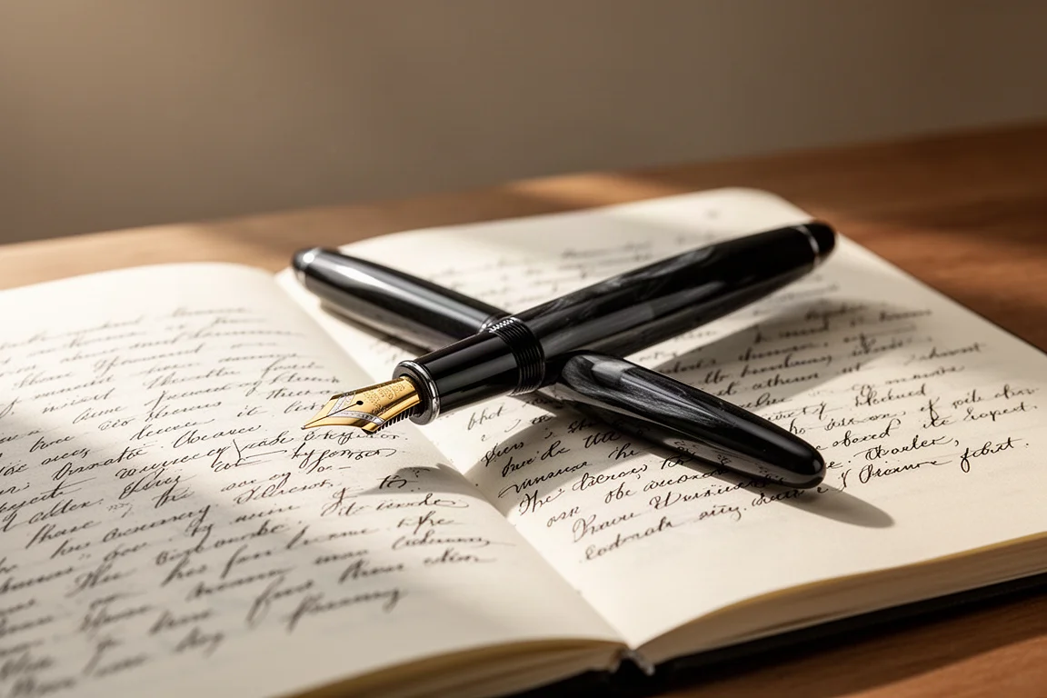 Uma caneta-tinteiro apoiada sobre a página aberta de um diário com texto manuscrito