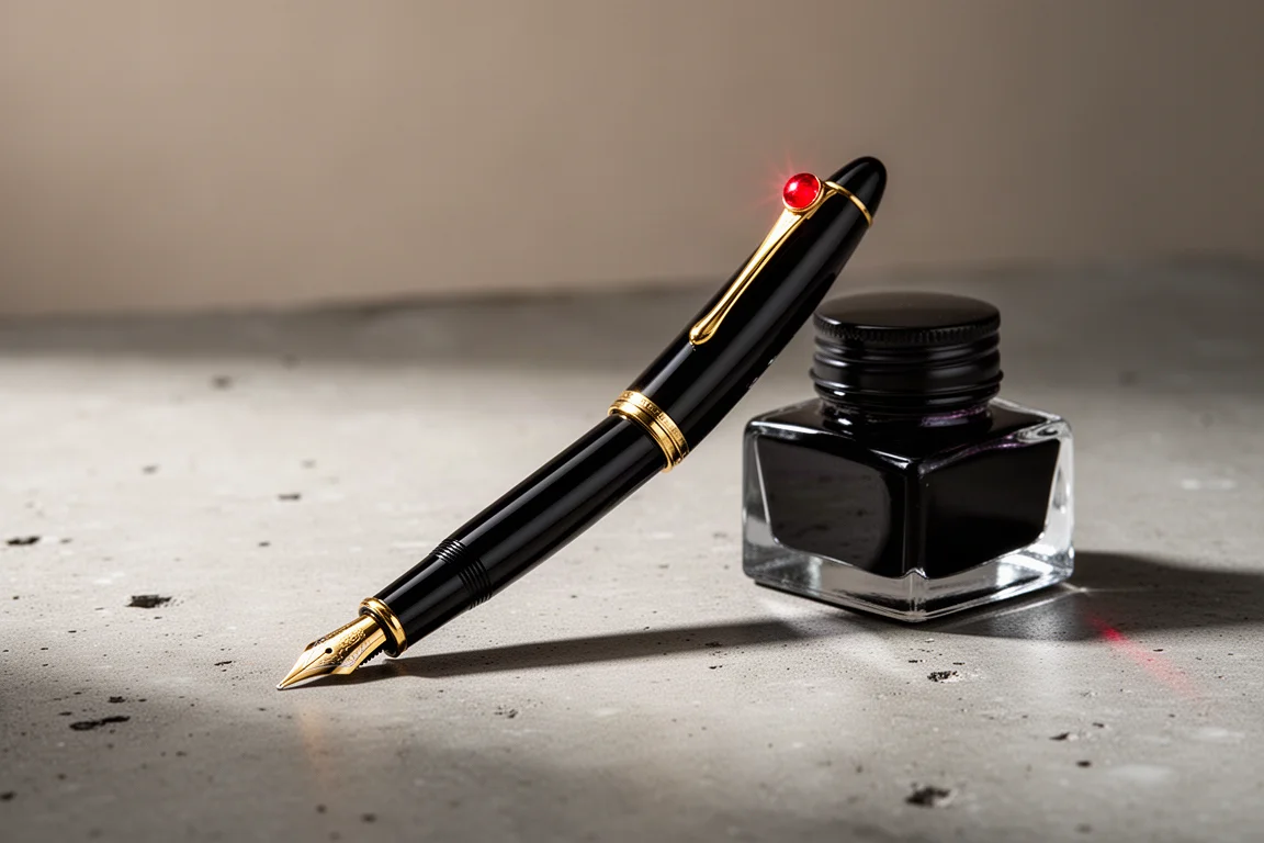 Uma caneta-tinteiro preta de ponta retrátil com uma gema vermelha presa ao lado de um frasco de tinta