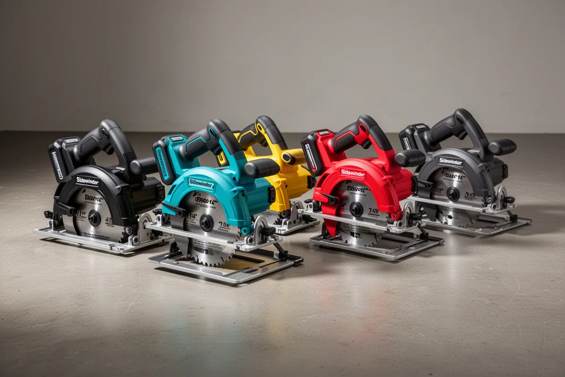 Five cordless circular saws lined up on a concrete workshop floor