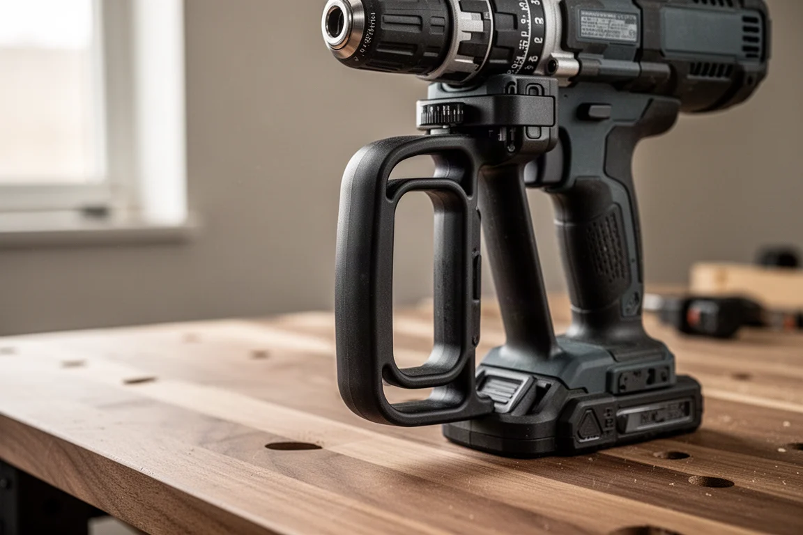 Asa lateral grande acoplada a un taladro inalámbrico sobre un banco de trabajo