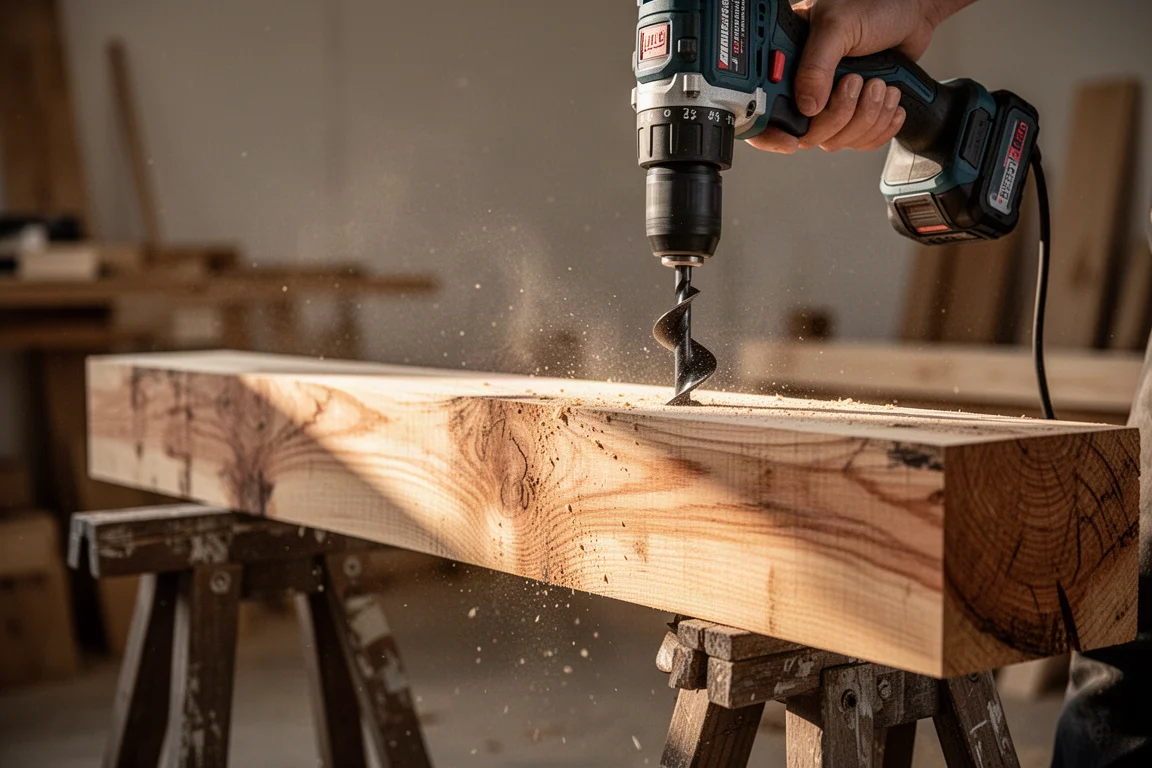 Taladro inalámbrico introduciendo una broca barrena grande en una viga de madera gruesa
