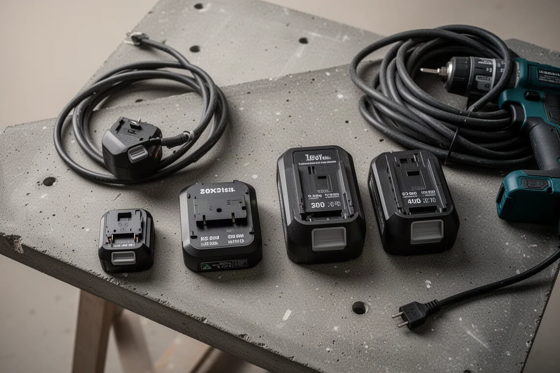 Batterier till sladdlös fräs i olika storlekar uppradade på en arbetsbänk