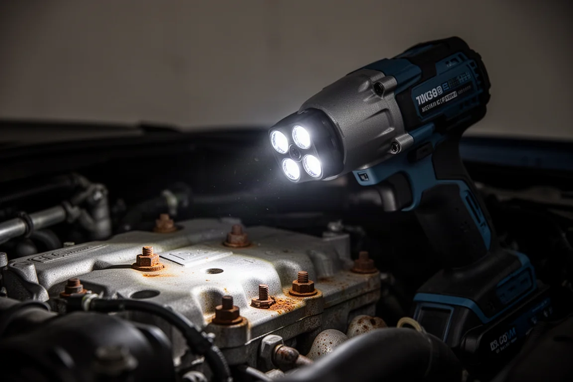 Akkubetriebener Schlagschrauber mit LED-Arbeitsleuchten beleuchtet einen dunklen Motorraum