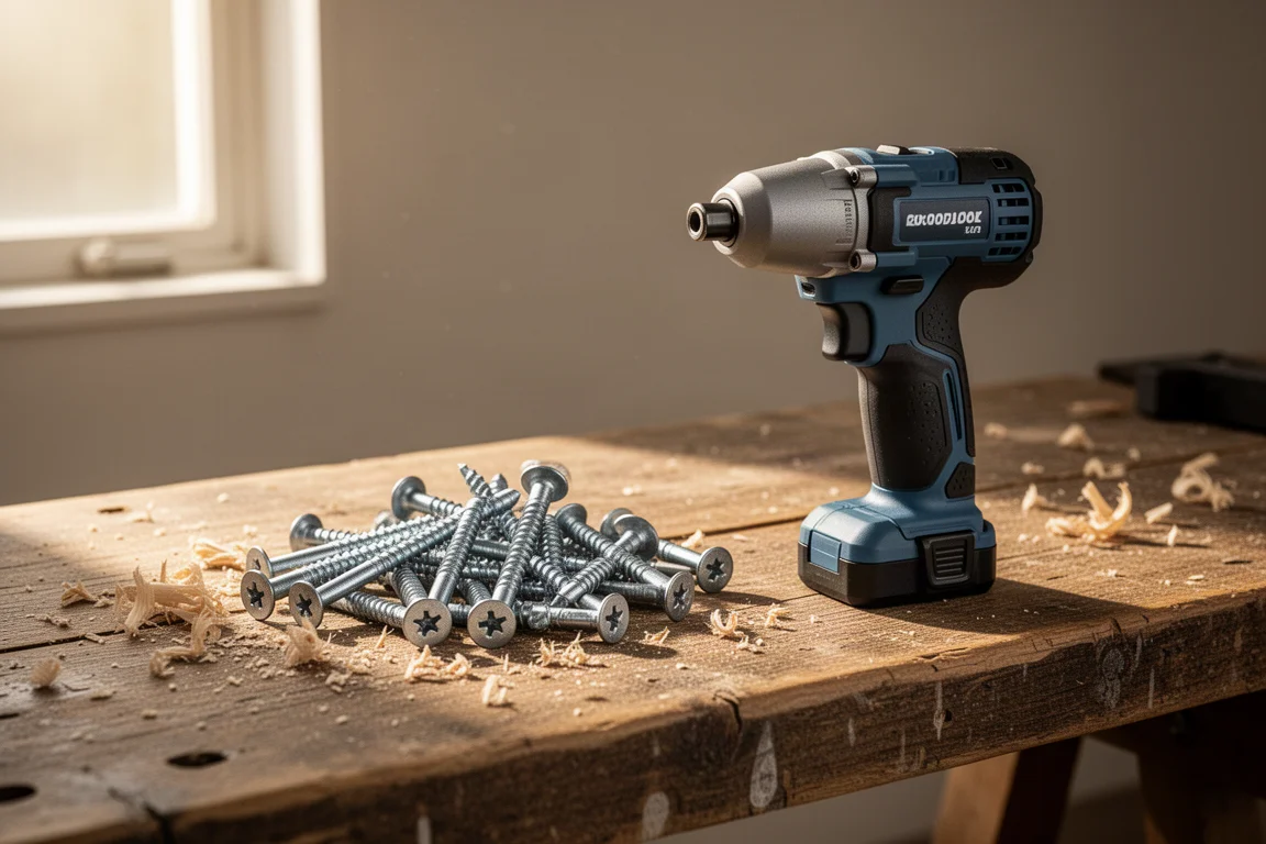 Impact driver resting on a workbench beside freshly driven lag bolts
