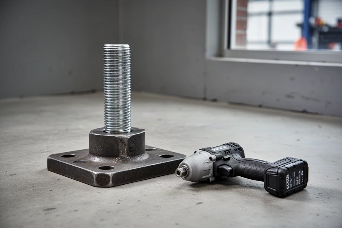 Tightened bolt on a steel fixture with an impact driver lying nearby