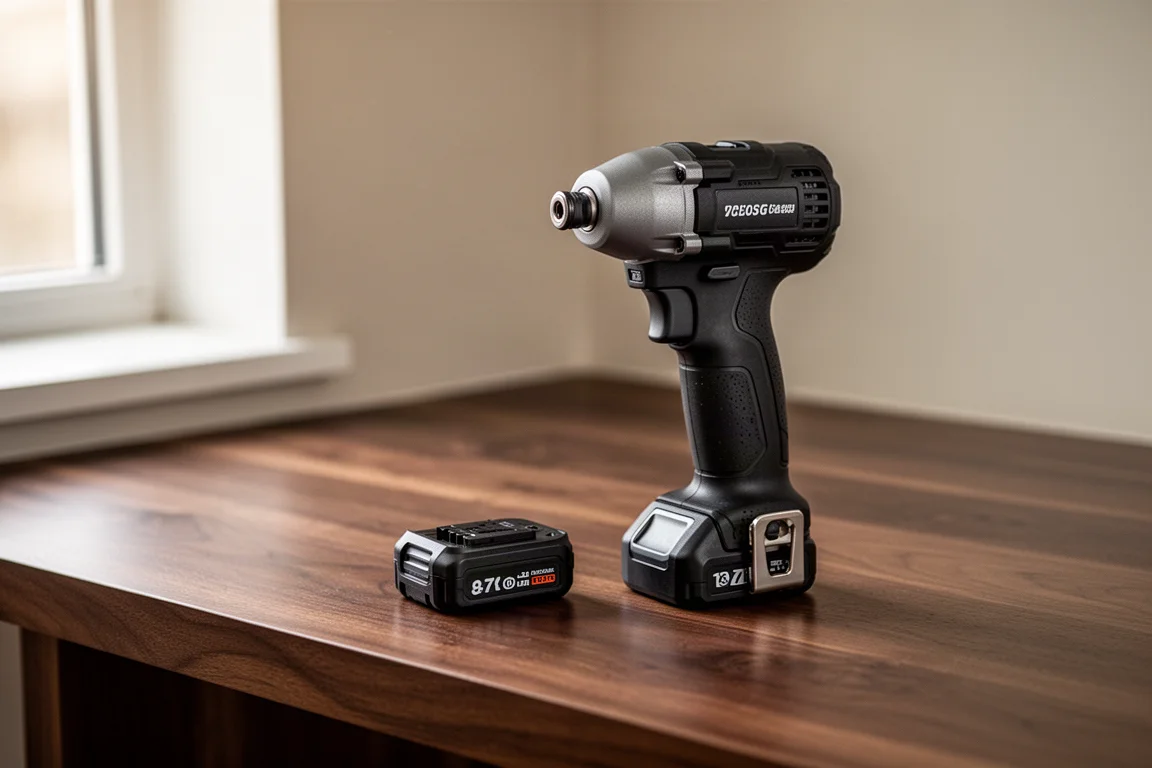 DeWalt Atomic impact driver beside a compact battery on a dark benchtop