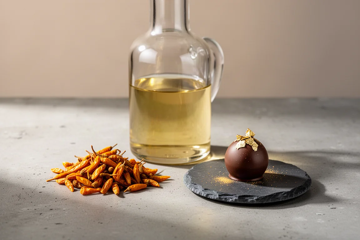 Dried golden chili peppers, a bottle of pale cooking oil, and a gold-dusted chocolate truffle on a concrete surface