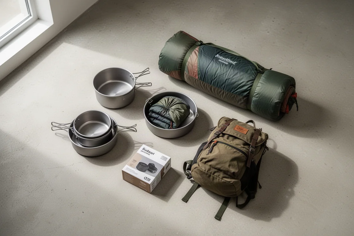 Budget camping gear laid out flat on a concrete floor after unboxing