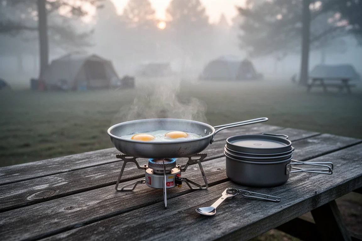 Eggs cooking in a small frying pan on a camping stove at dawn