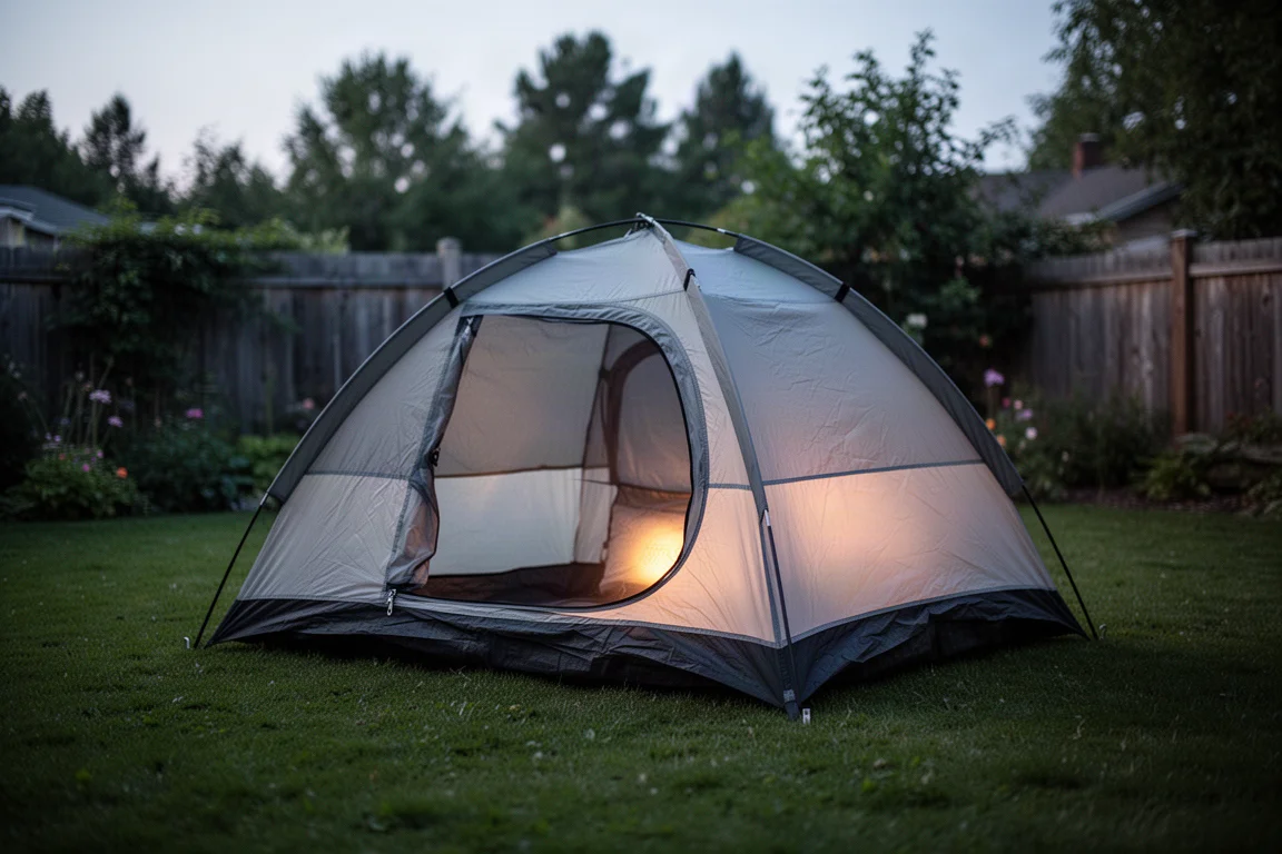 Small two-person tent pitched on a backyard lawn at dusk