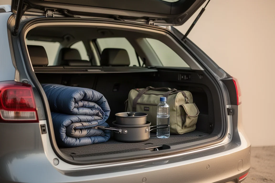 Camping gear packed into the open boot of a car for a weekend trip